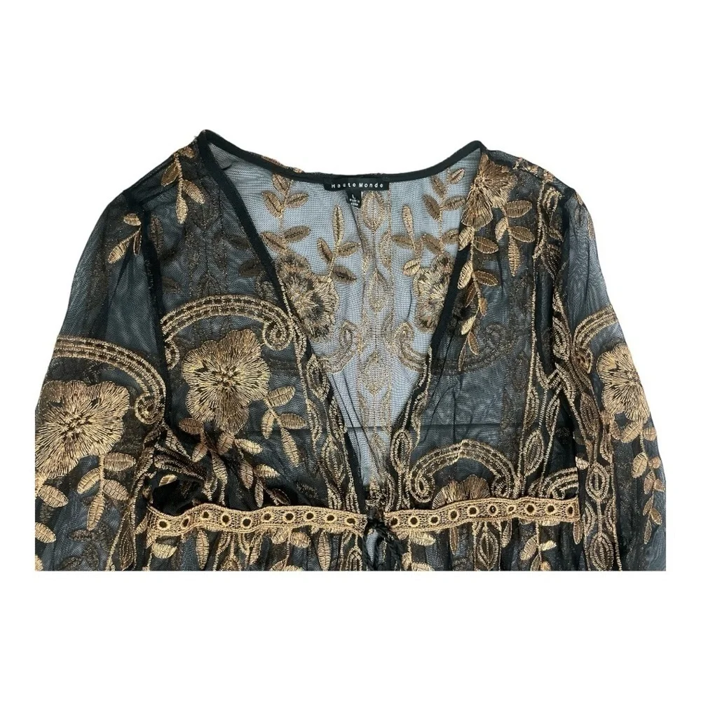 Haute Monde Kimono Duster Robe Jacket Women Size L Bronze Embroidery Boho Retro